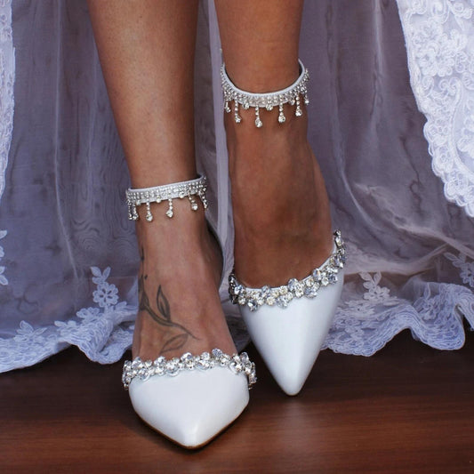 Adiffu Rhinestone Tassel Chunky Heels High-heeled Sandal Wedding Shoes