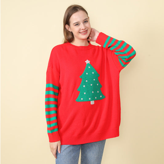 Adiffu Christmas Tree Crew Neck Pullover Knit Top